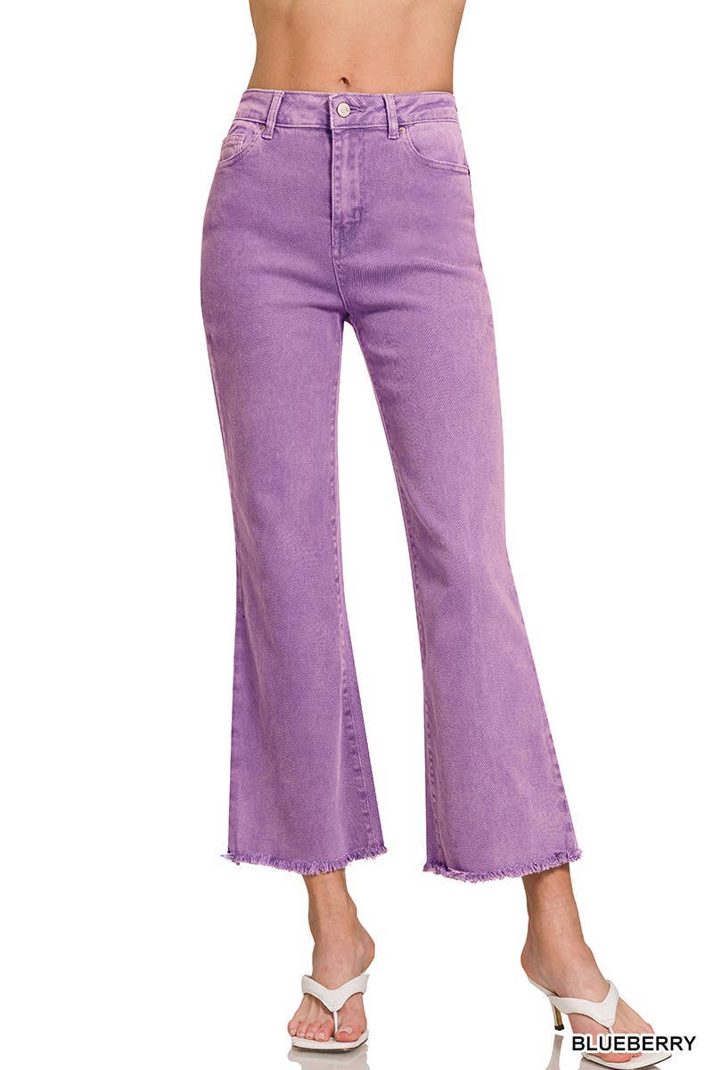 Zenana Acid Washed High Waist Frayed Hem Bootcut Pants: SAND BEIGE