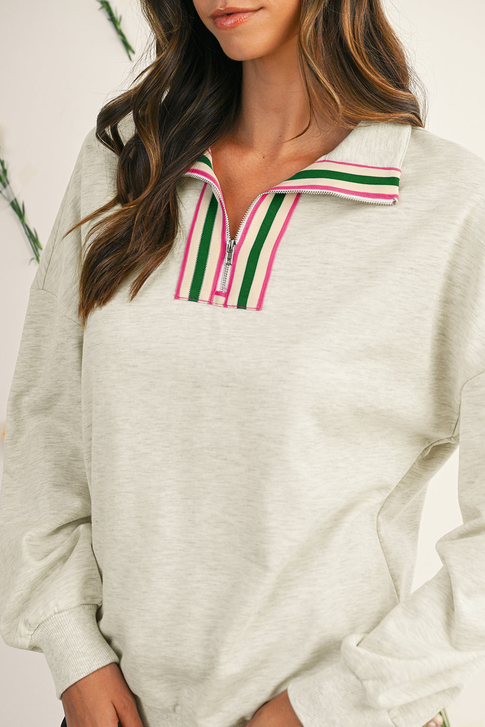 Vineyard Green Pop of Color Collared Patchwork Pullover Sweatshirt