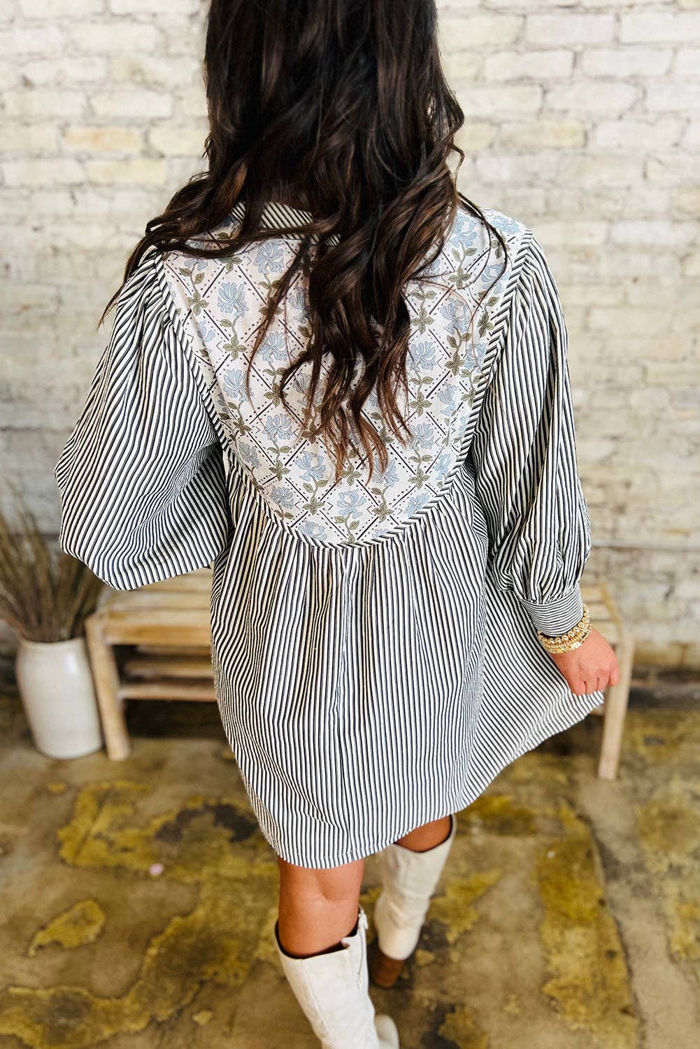 Black Stripe Floral Patchwork Tied V Neck Shift Long Sleeve Mini Dress: