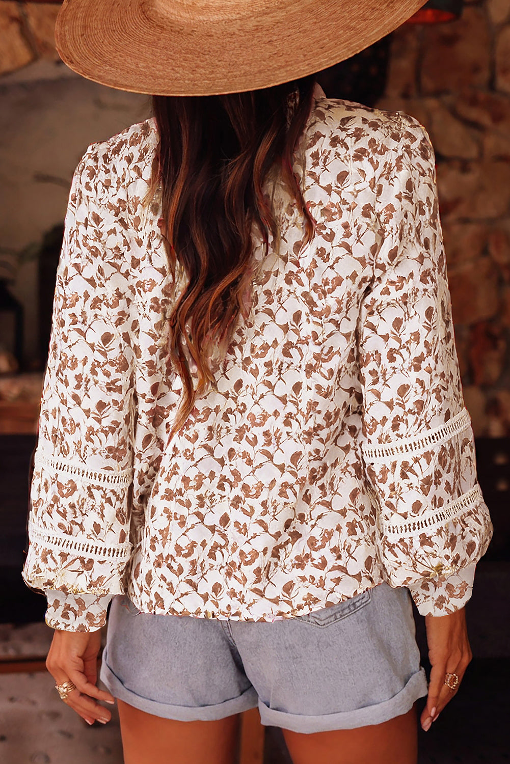 Khaki Printed Floral Print Lace Detail Puff Sleeve Fall Shirt