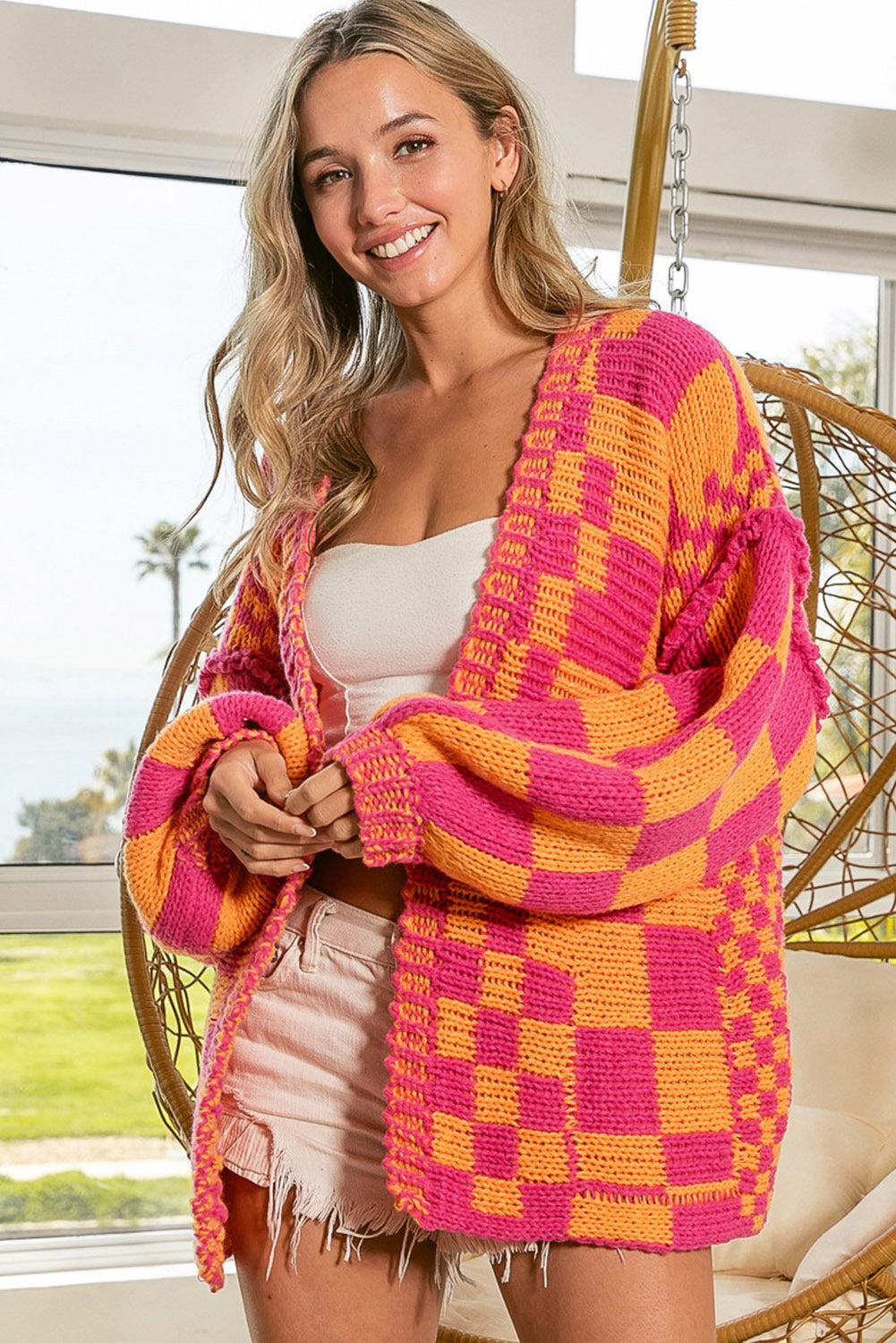 Taupe Colorblock Checked Open Front Knitted Cardigan