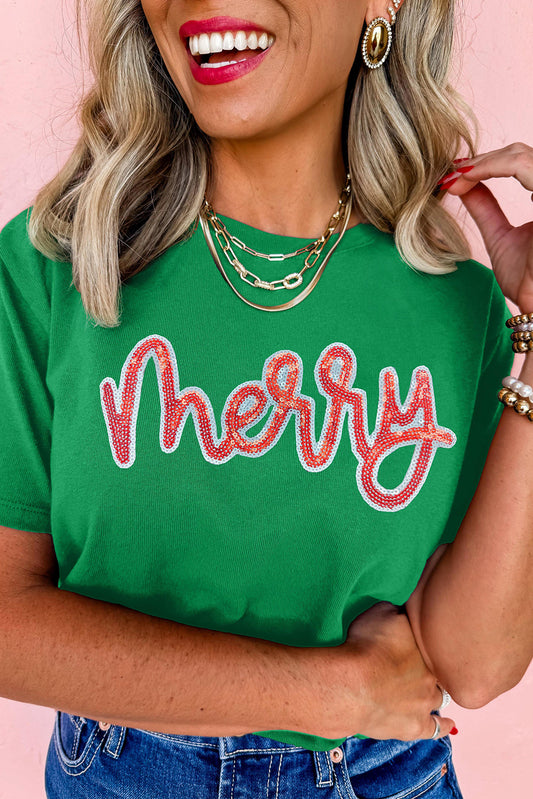Bright Green merry Letter Sequins Patch Cotton Blend Tee