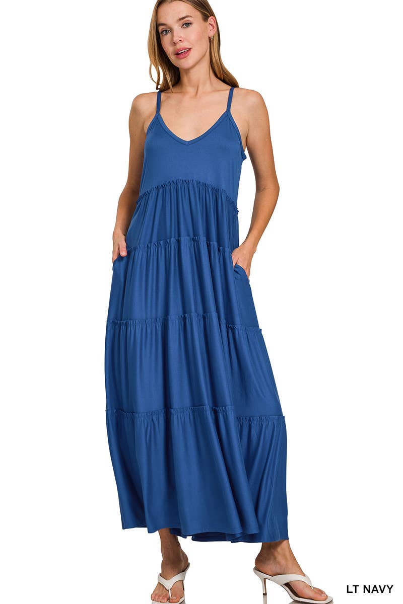 V-neck Cami Maxi Tiered Dress With Side Pockets