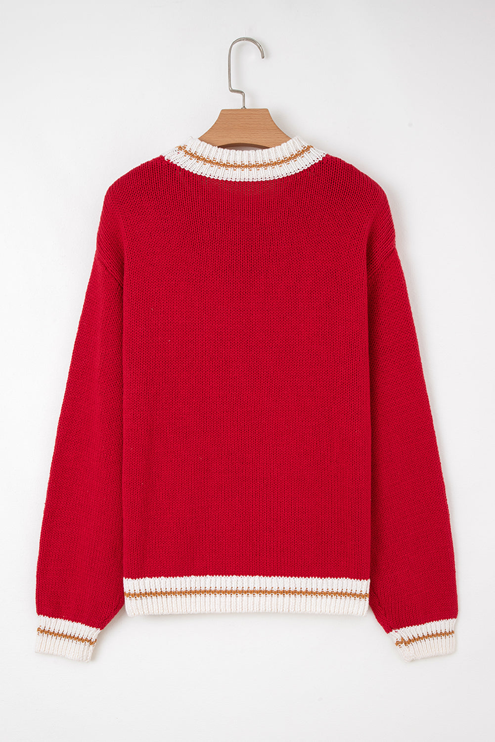 Fiery Red MERRY Pattern Colorblock Edge Drop Shoulder Cozy Sweater