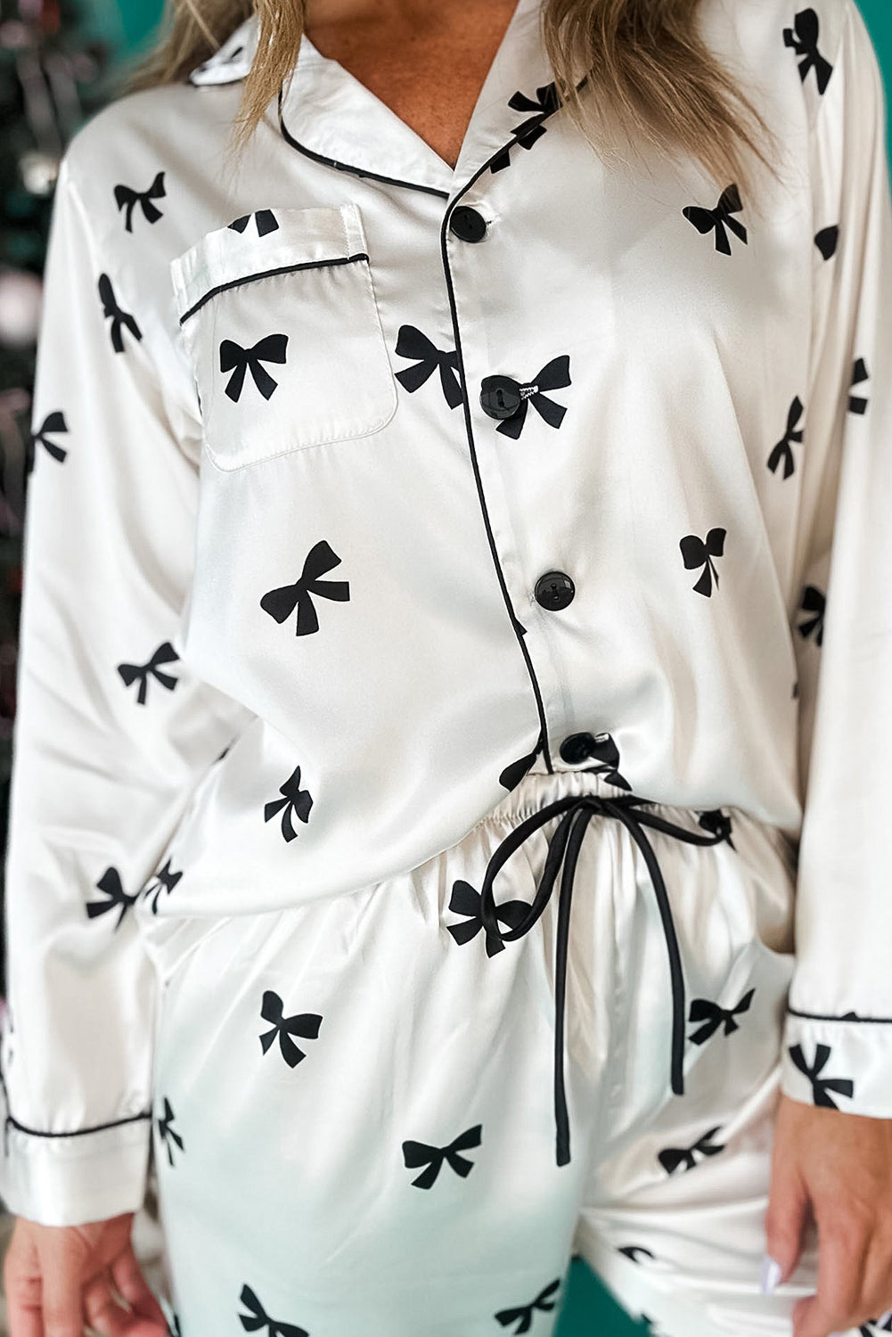 Black Bows Print Drawstring Two Piece Pajama Set