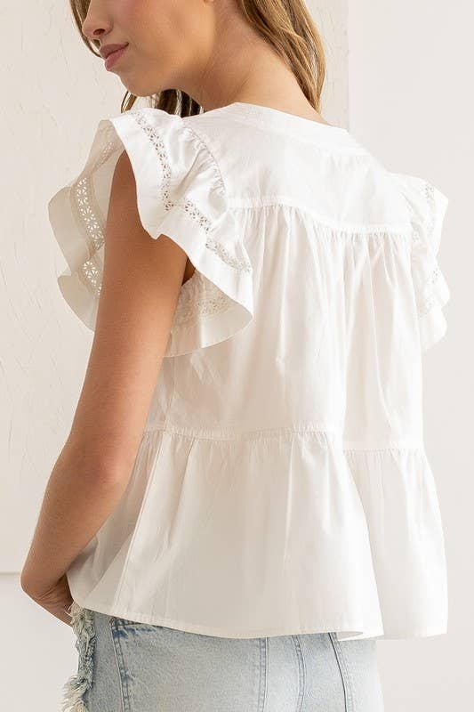 Flutter Sleeve Top with Delicate Embroidery