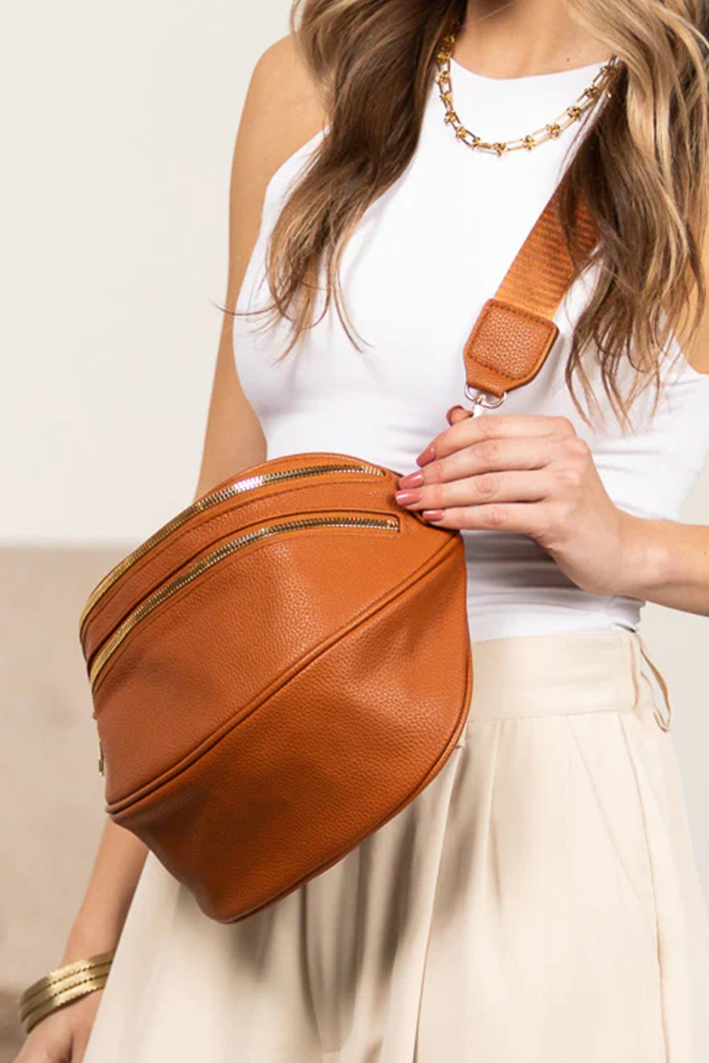 Parchment PU Leather Double Zipper Crossbody Bag