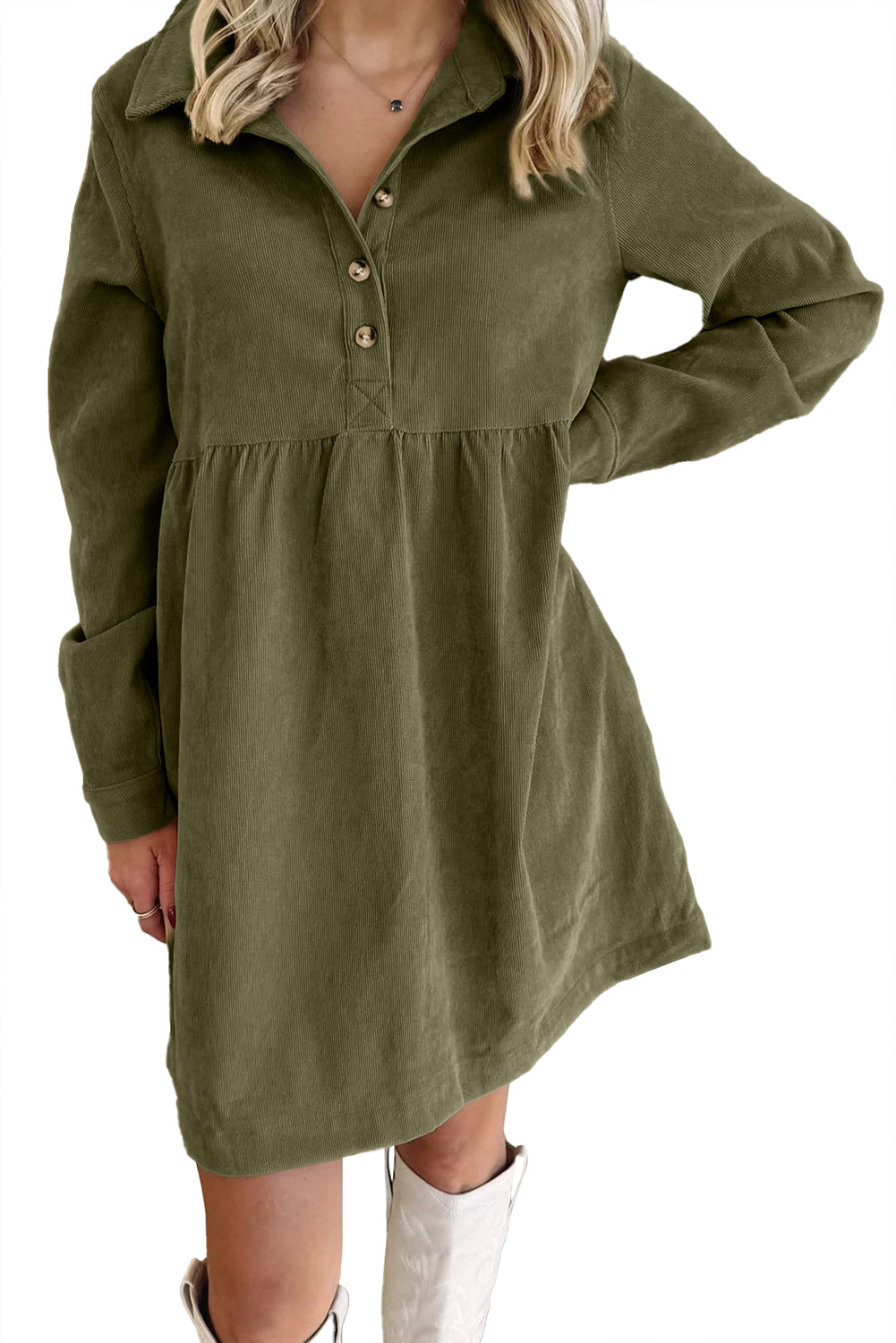 Vineyard Green Corduroy Half Button Collared Long Sleeve Mini Dress