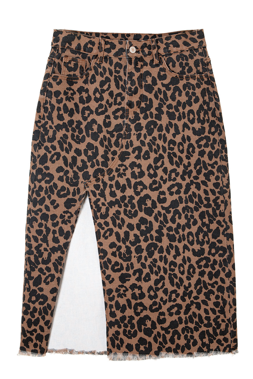 Sky Blue Leopard Frayed Split Denim Midi Skirt