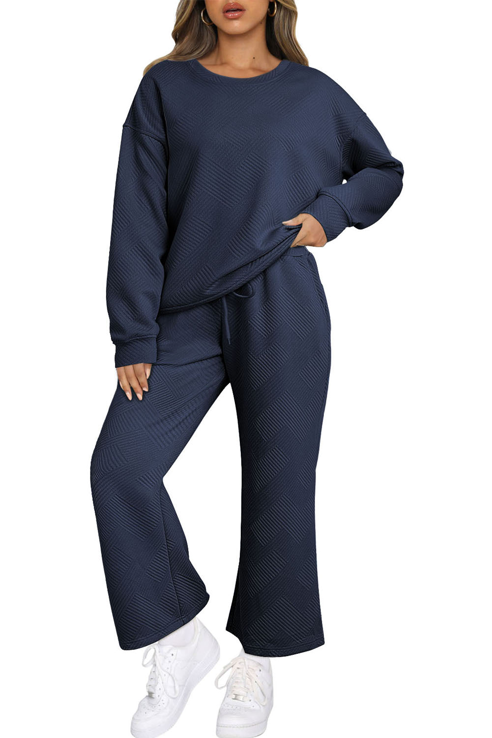 Dark Brown Textured Loose Slouchy Long Sleeve Top and Pants Set
