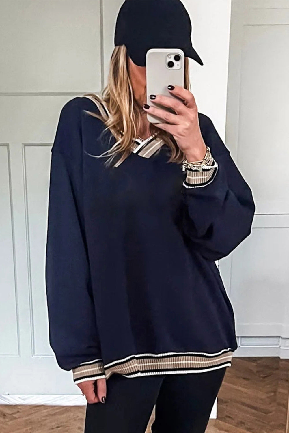 Parchment Varsity Contrast Trim V Neck Sweatshirt