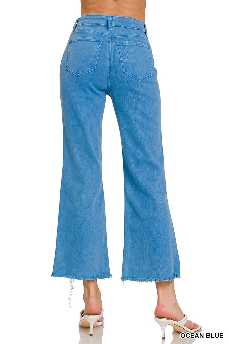Zenana Acid Washed High Waist Frayed Hem Bootcut Pants: SAND BEIGE