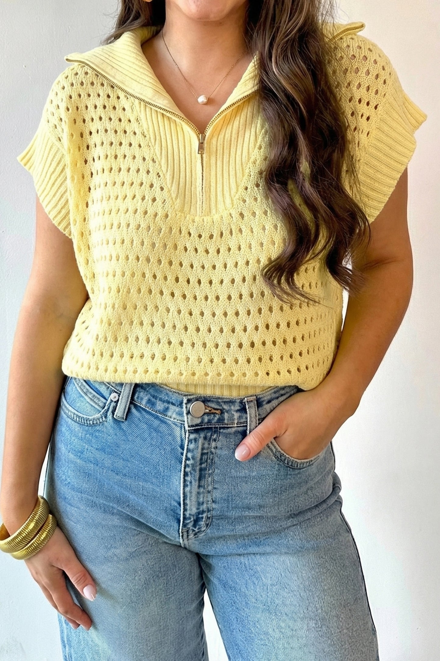 Sky Blue Solid Color Hollowed Knit Short Sleeve Zipper Collar Knitwear Top