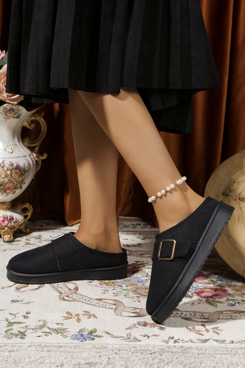 Black Faux Suede Buckle Strap Detail Winter Clog Slippers