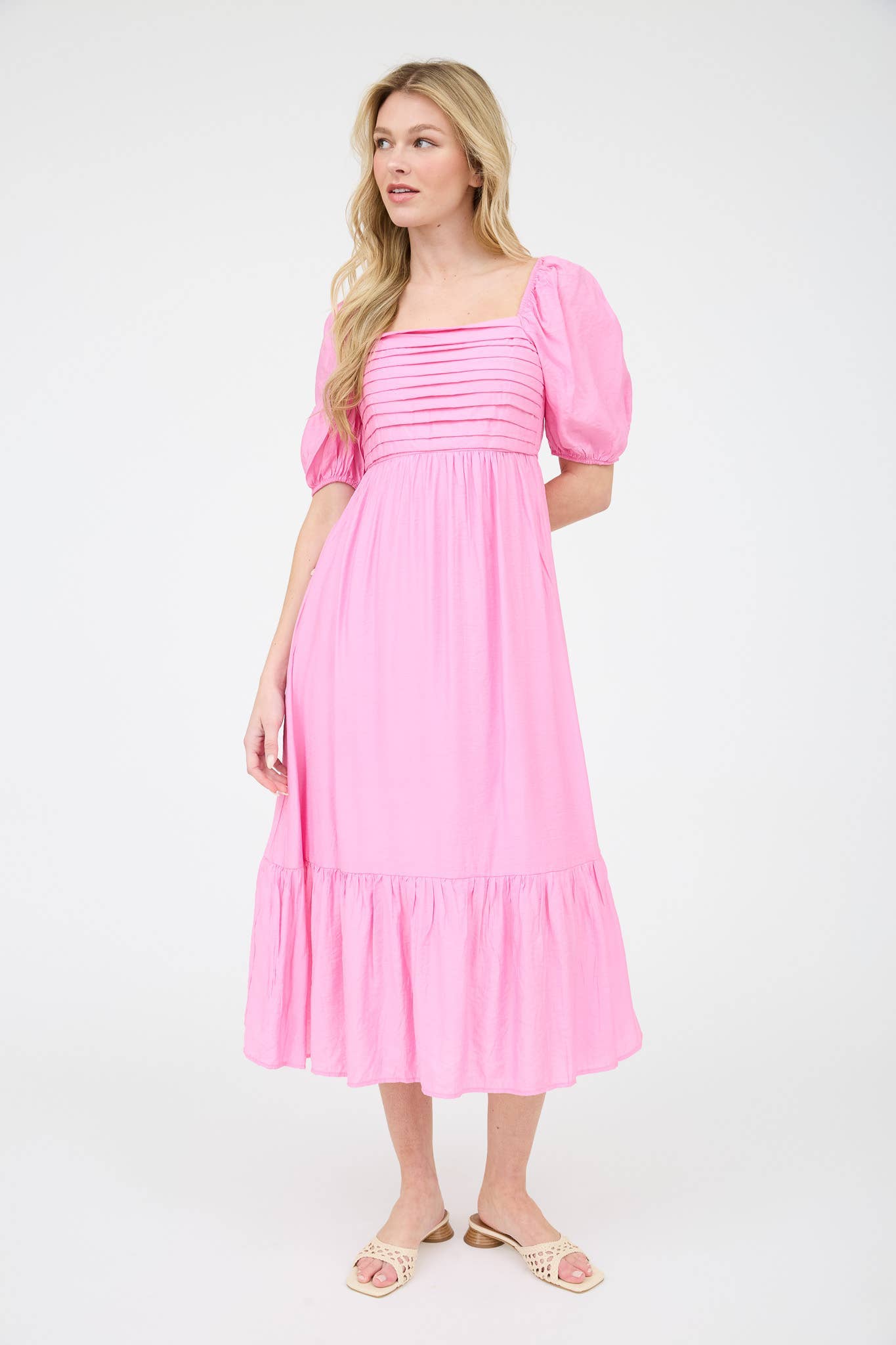 PLEATED EMPIRE WAIST PUFF SLEEVE MIDI DRESS: OFF WHITE