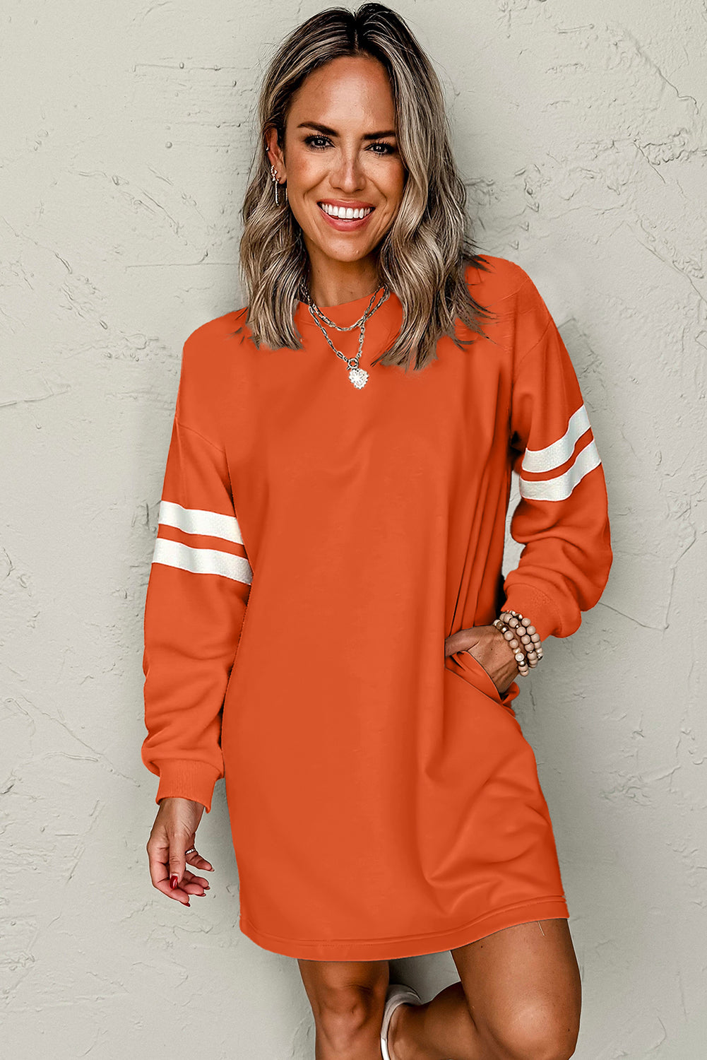Fiery Red Preppy Striped Sleeve Loose Mini Dress
