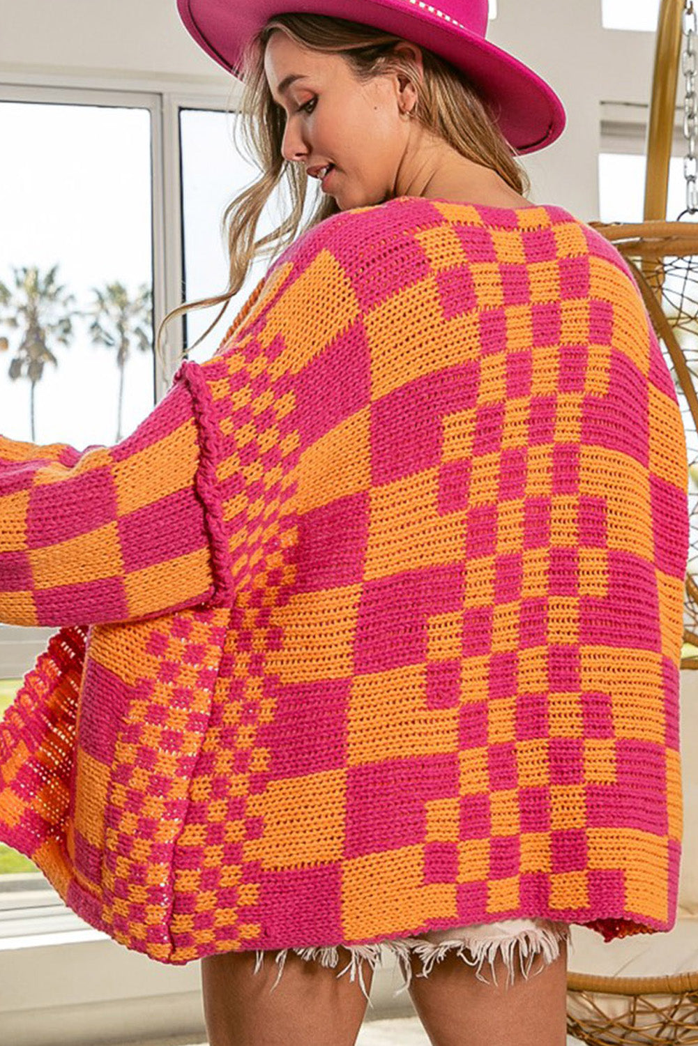 Taupe Colorblock Checked Open Front Knitted Cardigan