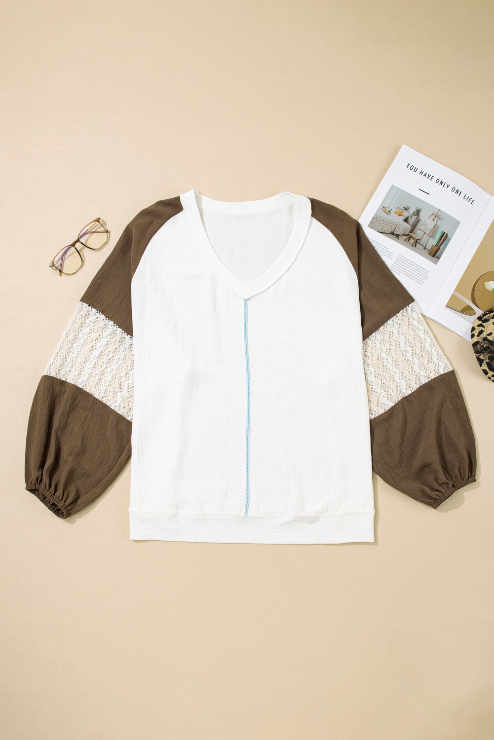Green Colorblock Lace Patchwork Balloon Sleeve Plus Size Blouse