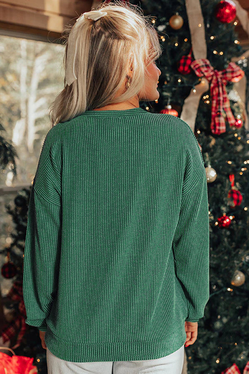 Blackish Green Twisted Rib Merry Letter Graphic Loose Long Sleeve Top