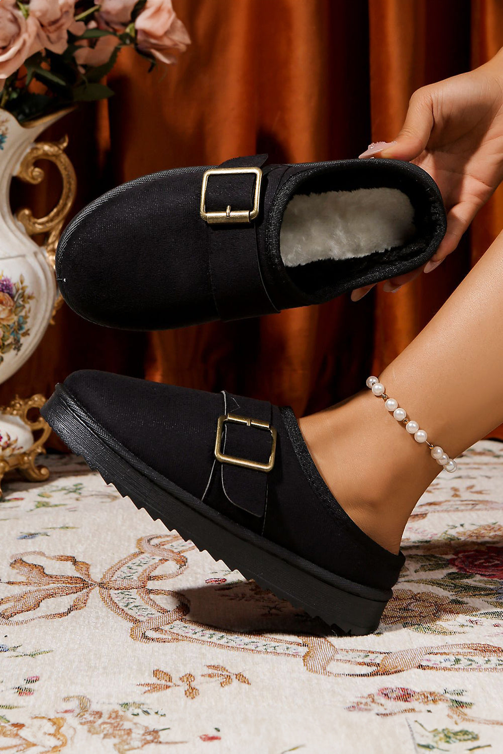 Black Faux Suede Buckle Strap Detail Winter Clog Slippers
