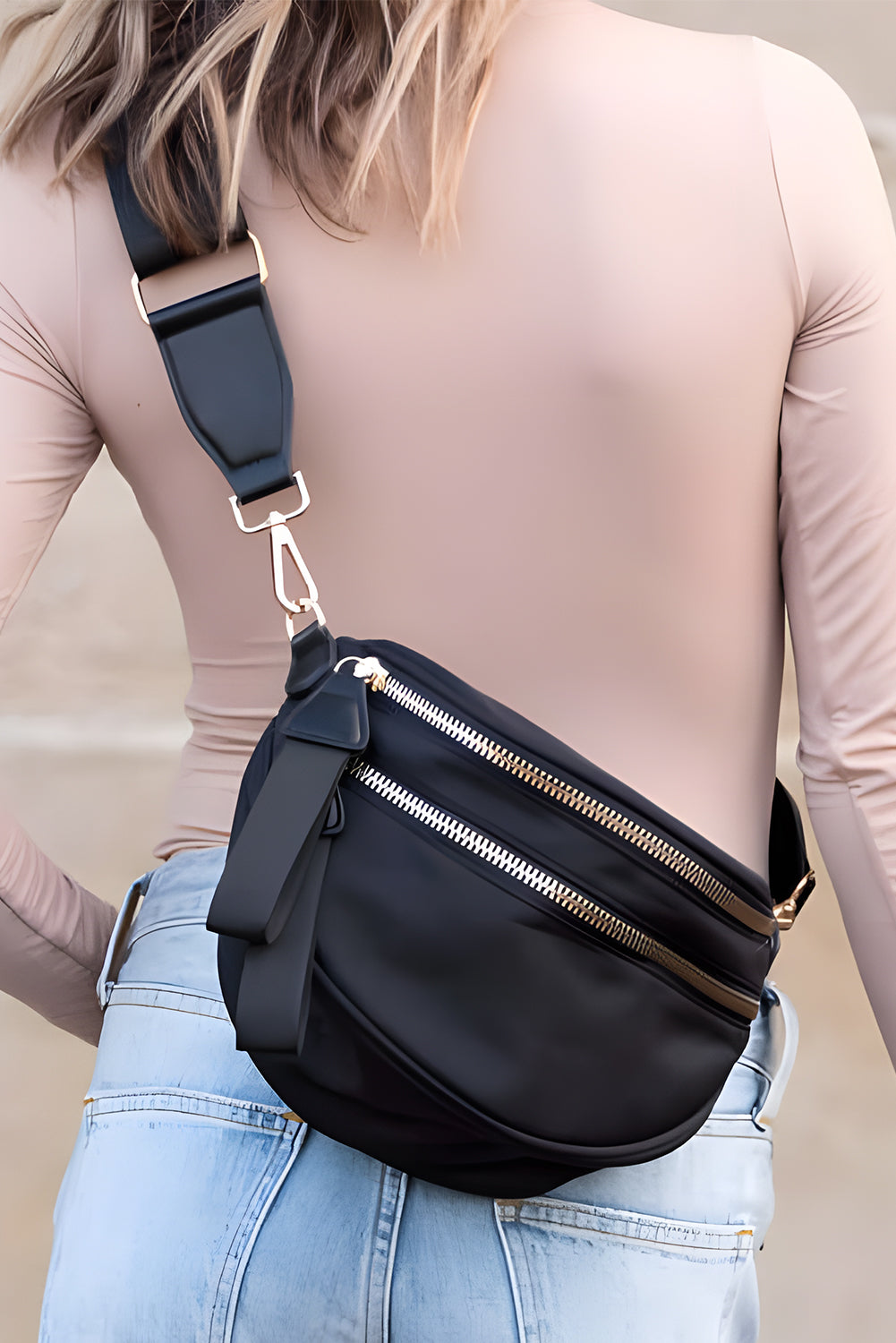 Pink Wide Strap Double Zipper Crossbody Bag