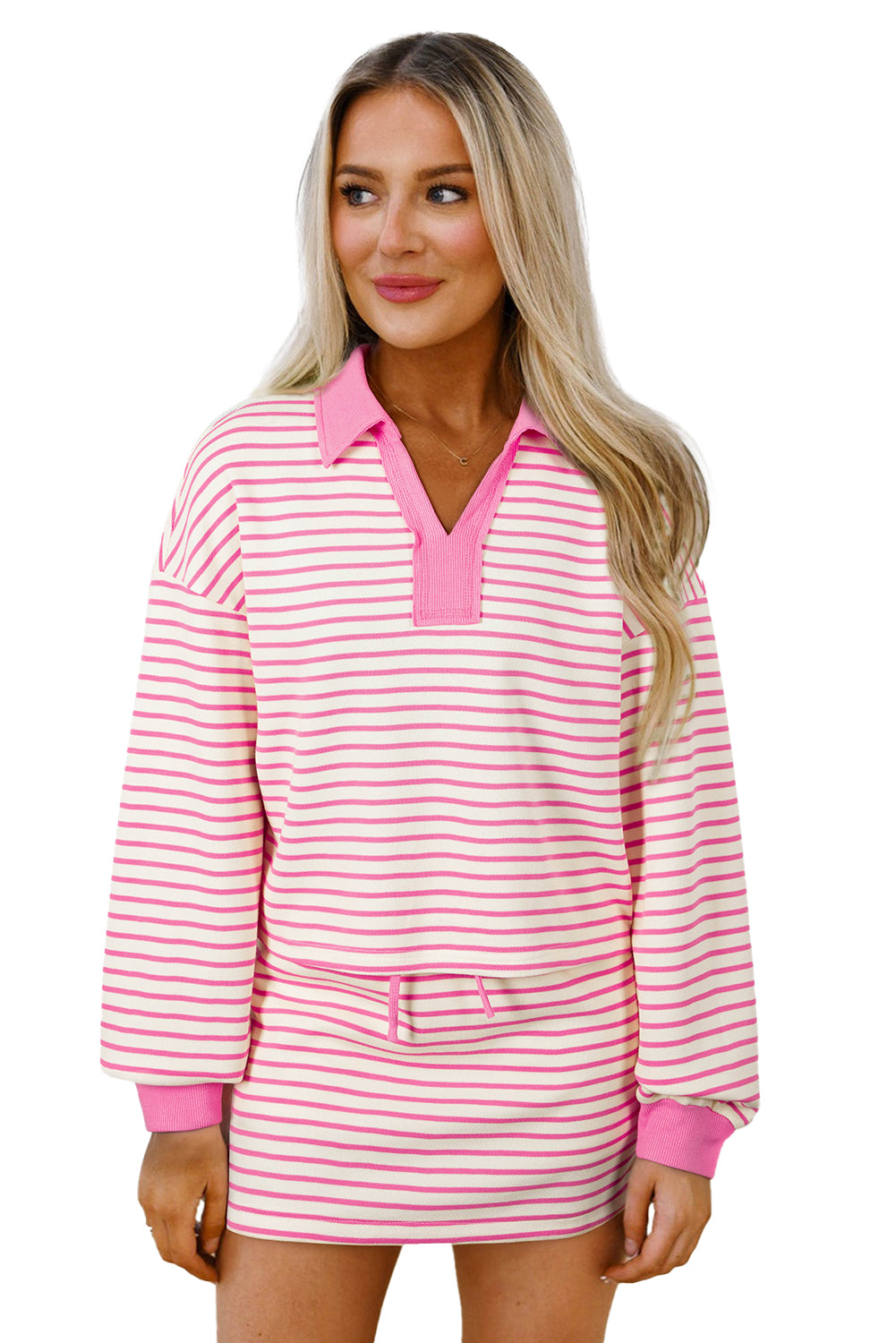 Green Striped Collared V Neck Drop Shoulder Pullover and Skirt Set
