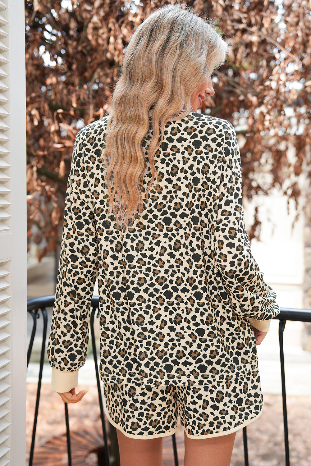 Brown Leopard Print Contrast Trim Two Piece Shorts Set