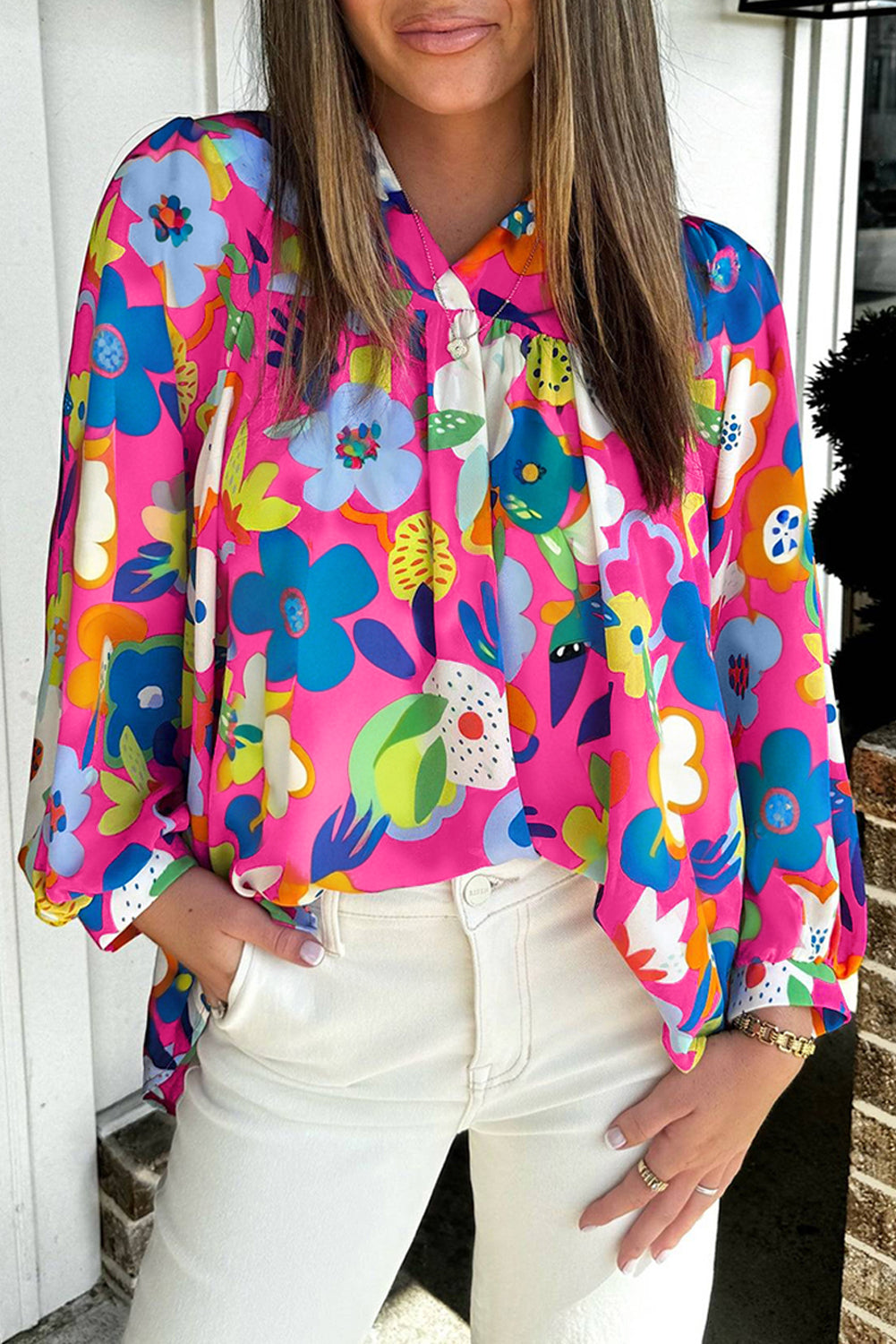Rose Floral Puff Sleeve V Neck Blouse