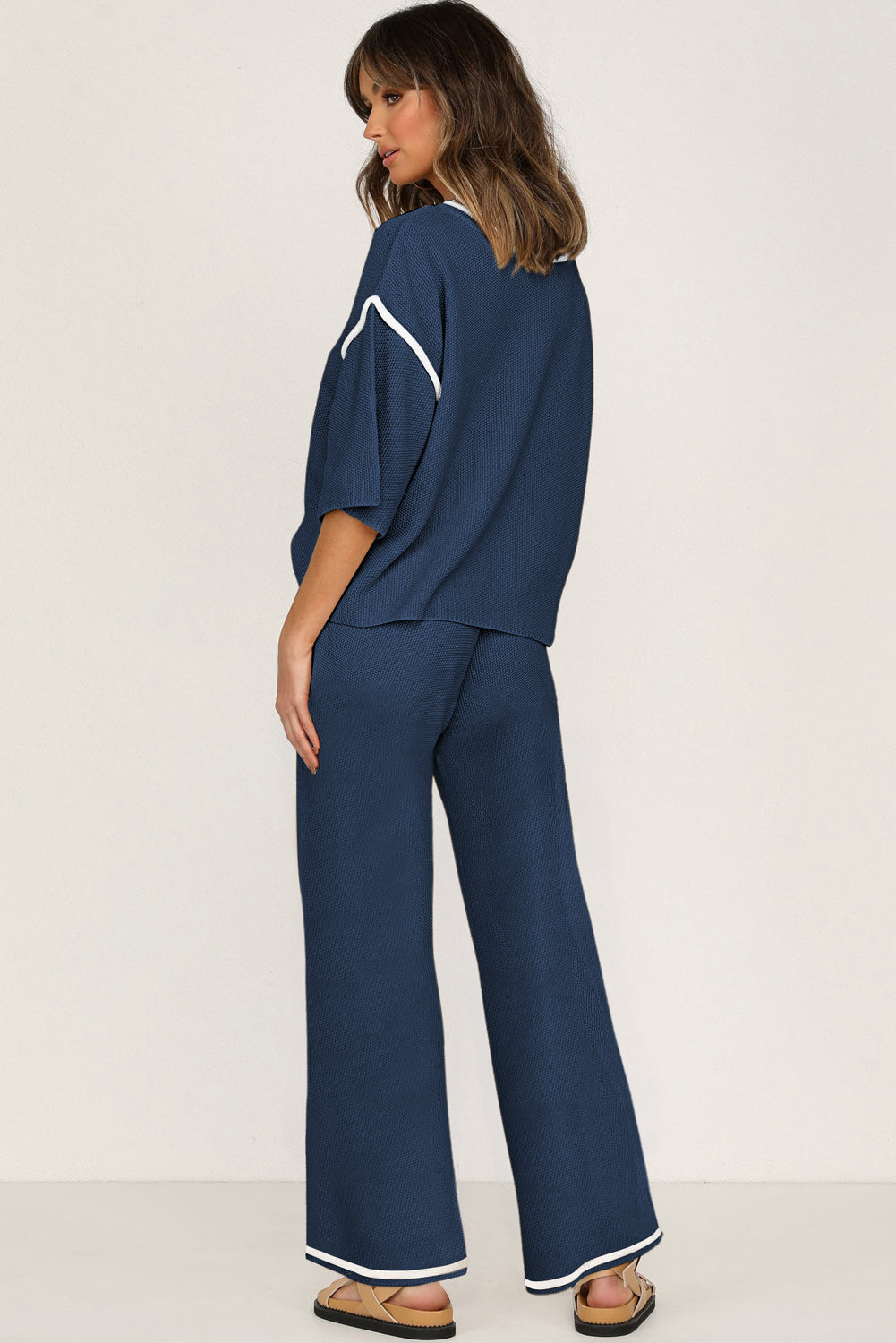 Bright Pink Loose Contrast Trim Half Sleeve Top and Drawstring Pants Set