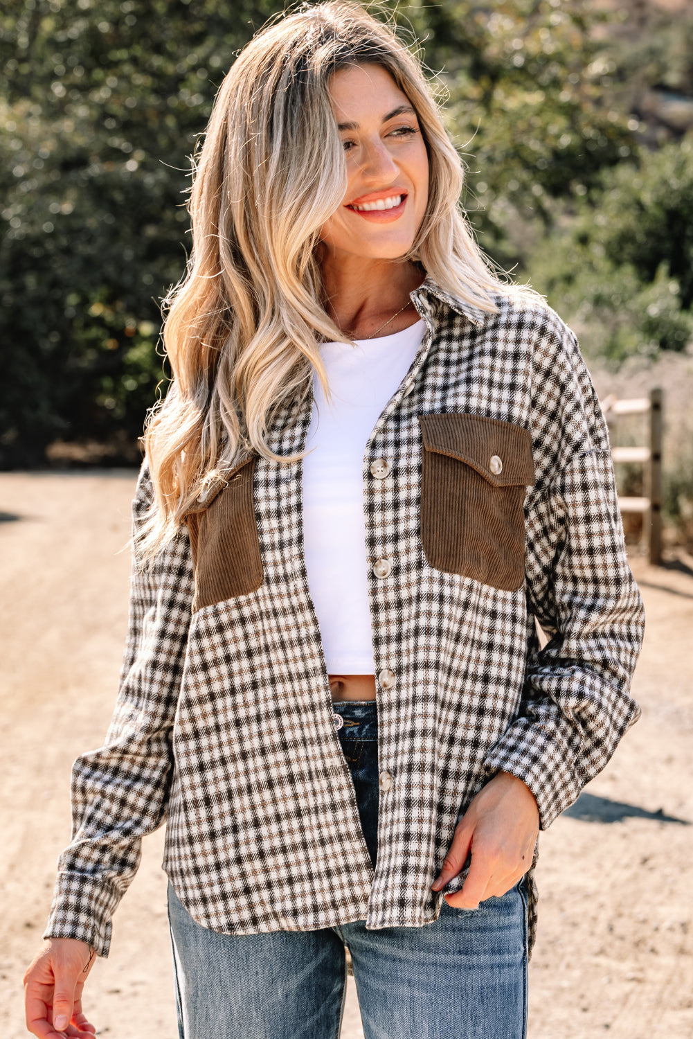 Green Contrast Corduroy Flap Pocket Patchwork Plaid Shacket