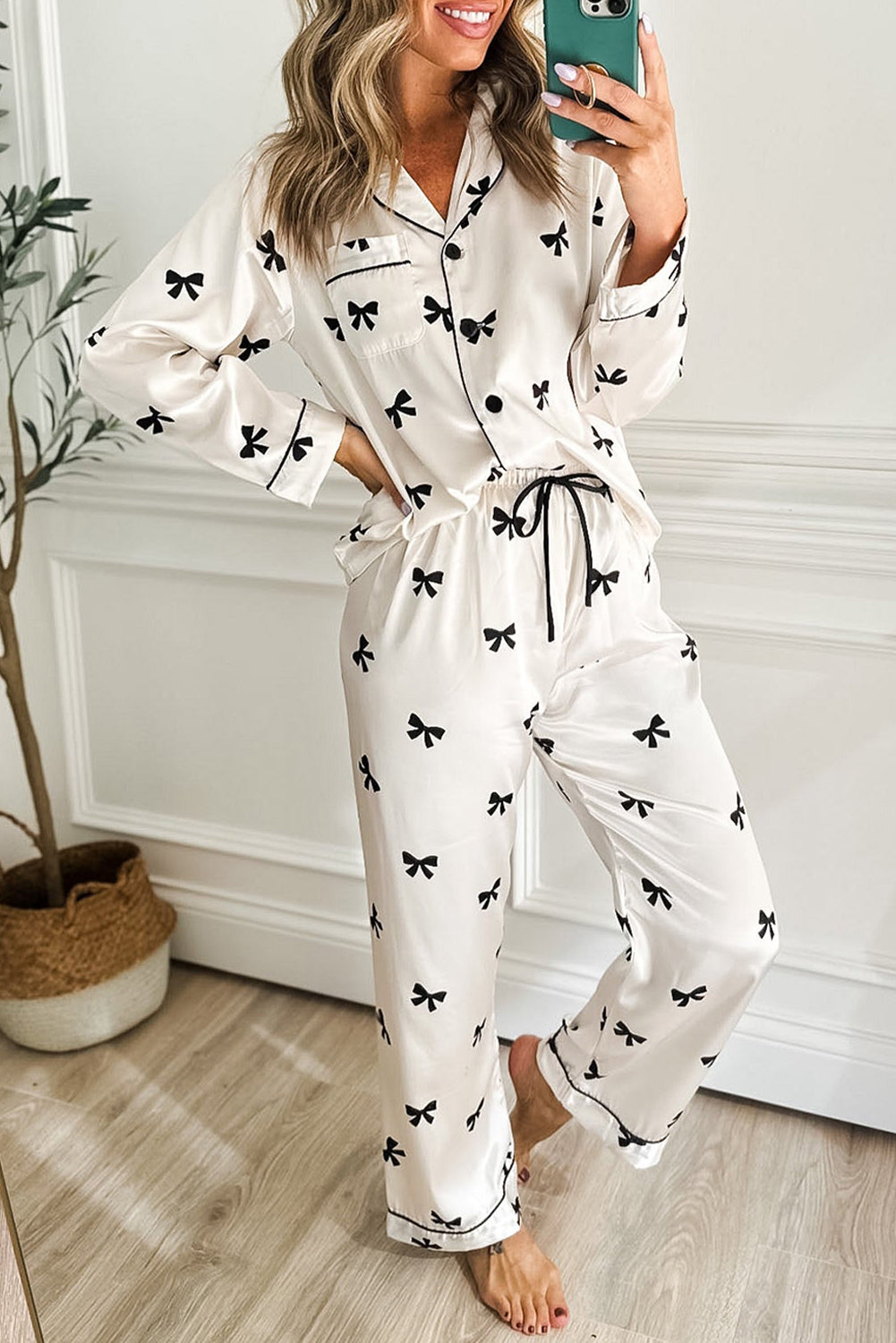 Black Bows Print Drawstring Two Piece Pajama Set
