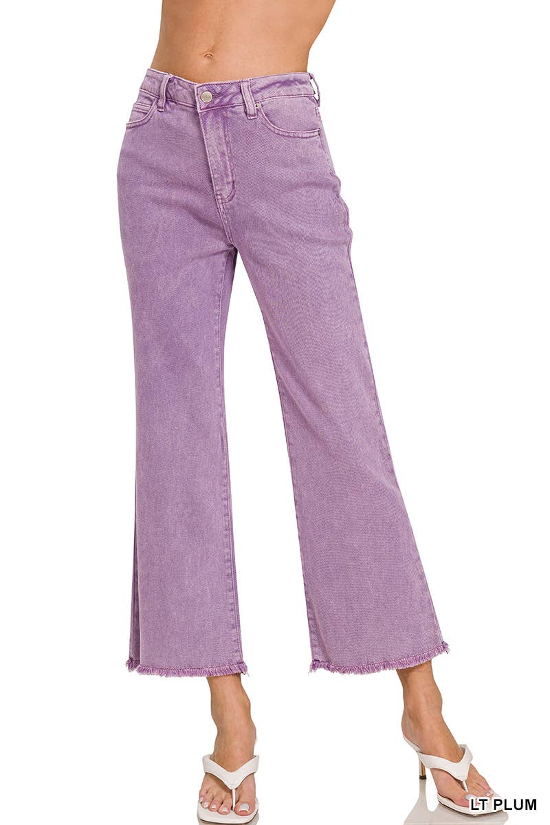 Zenana Acid Washed High Waist Frayed Hem Bootcut Pants: SAND BEIGE