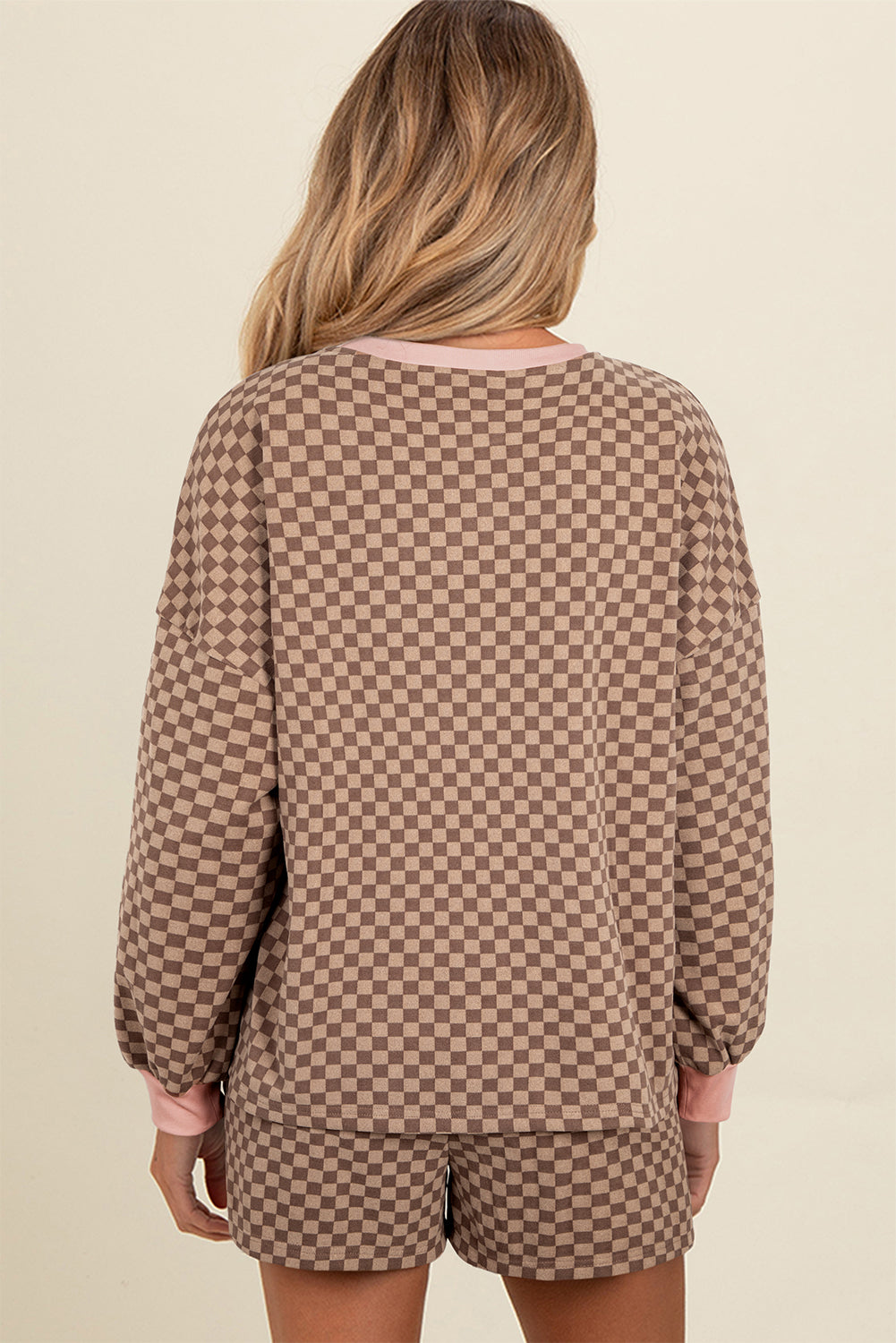 Brown Checkerboard Contrast Trim Long Sleeve Pullover and Shorts Set