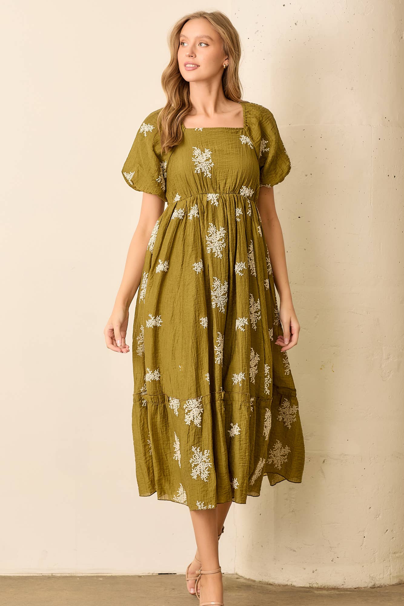 Square Neck Bubble Sleeve Maxi Dress