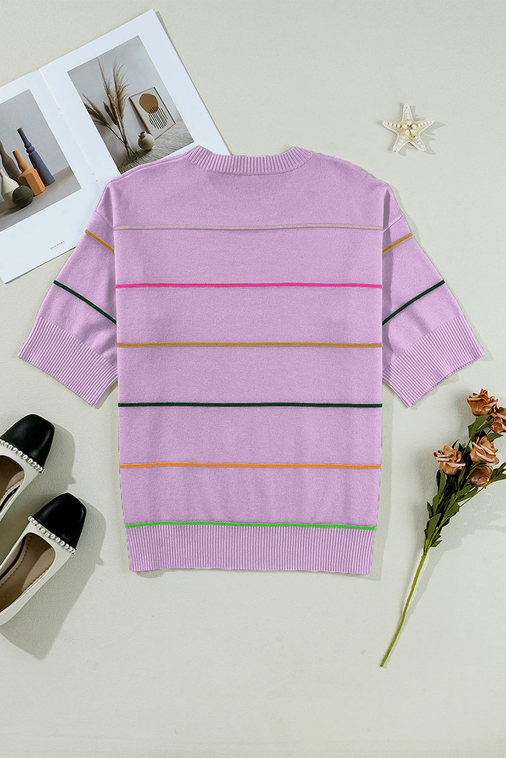 Orchid Petal Striped Half Sleeve Drop Shoulder Sweater