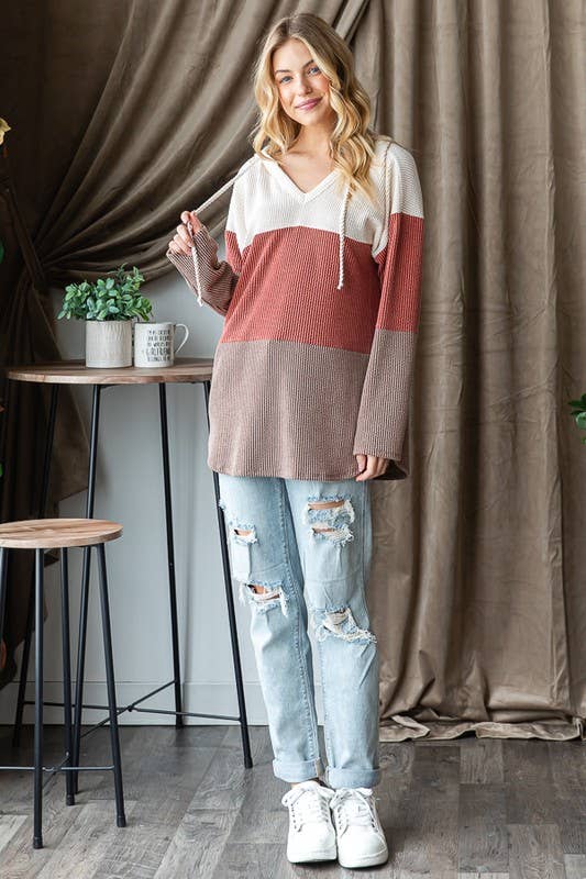 V-Neck Ribbed Drawstring Hoodie