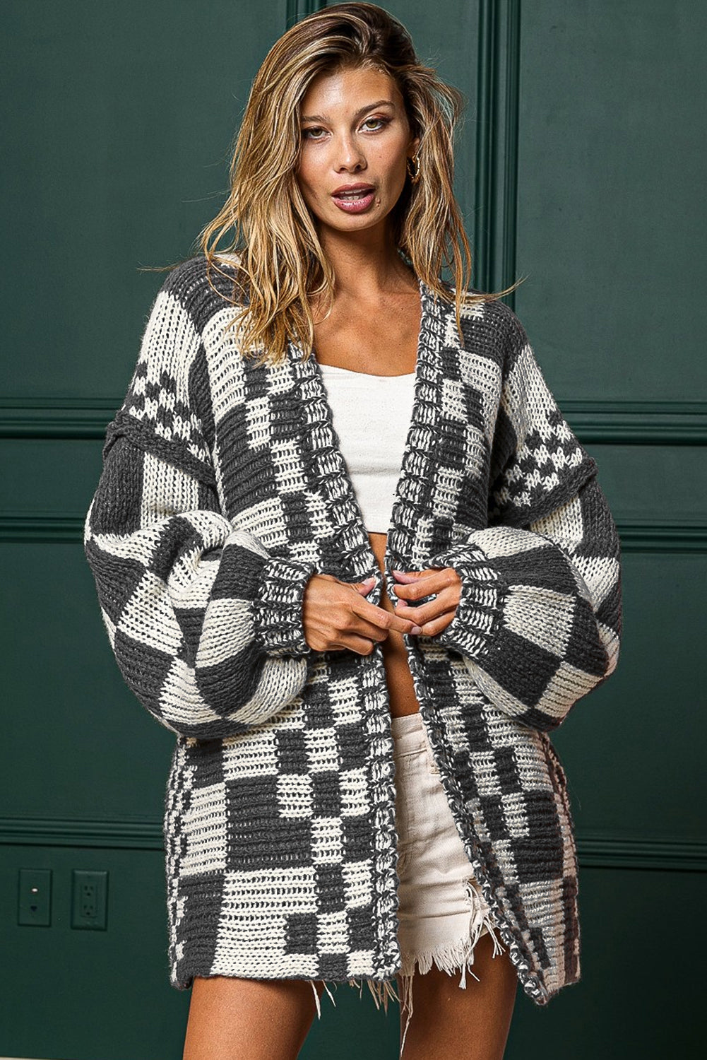 Taupe Colorblock Checked Open Front Knitted Cardigan