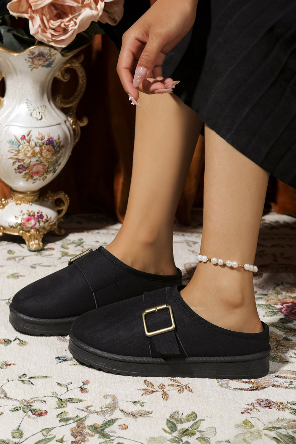 Black Faux Suede Buckle Strap Detail Winter Clog Slippers