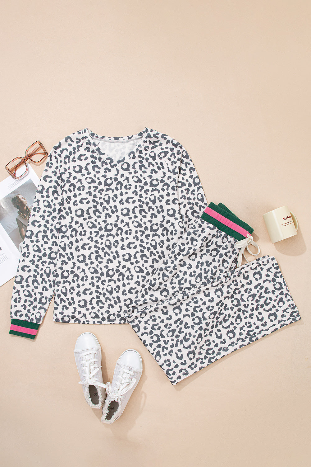 Gray Leopard Contrast Trim Long Sleeve Pullover and Pants Set