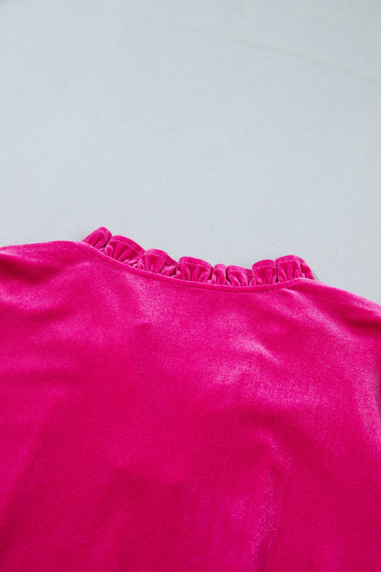 Strawberry Pink V Neck Velvet Ruffled Cuffs Hem Long Sleeve Top