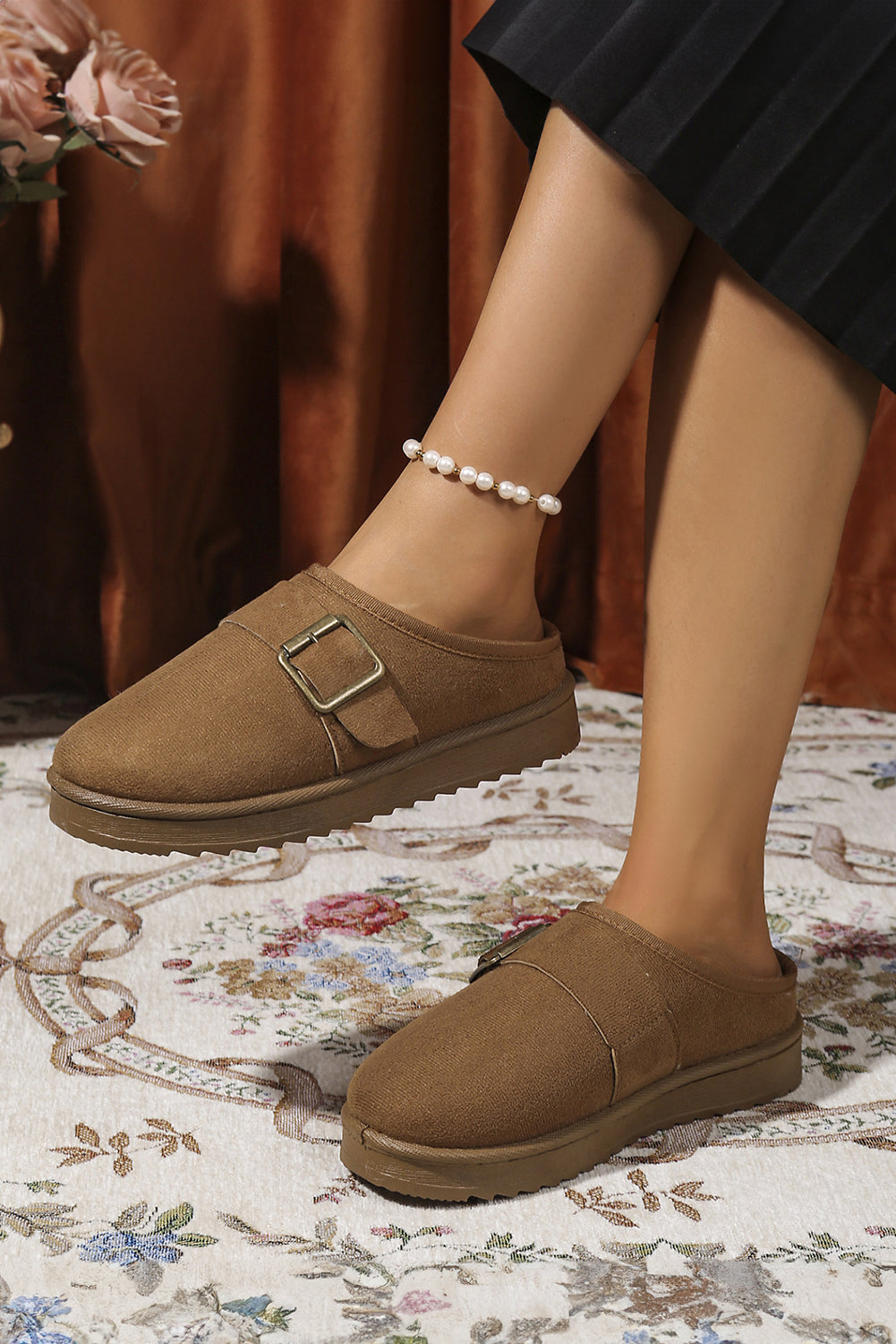 Black Faux Suede Buckle Strap Detail Winter Clog Slippers