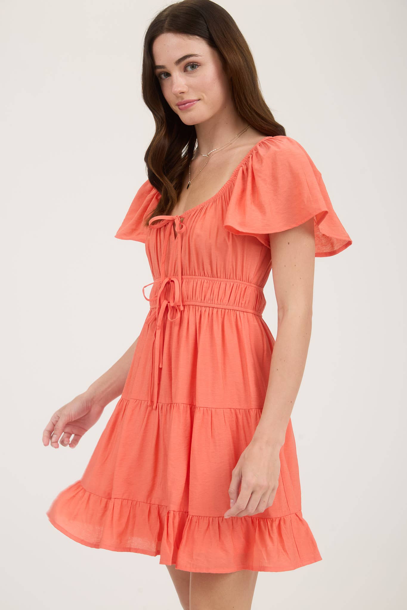 Front Tie Strap Short Sleeve Tiered Mini Dress