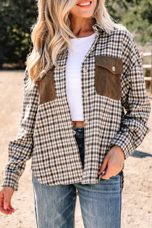 Green Contrast Corduroy Flap Pocket Patchwork Plaid Shacket