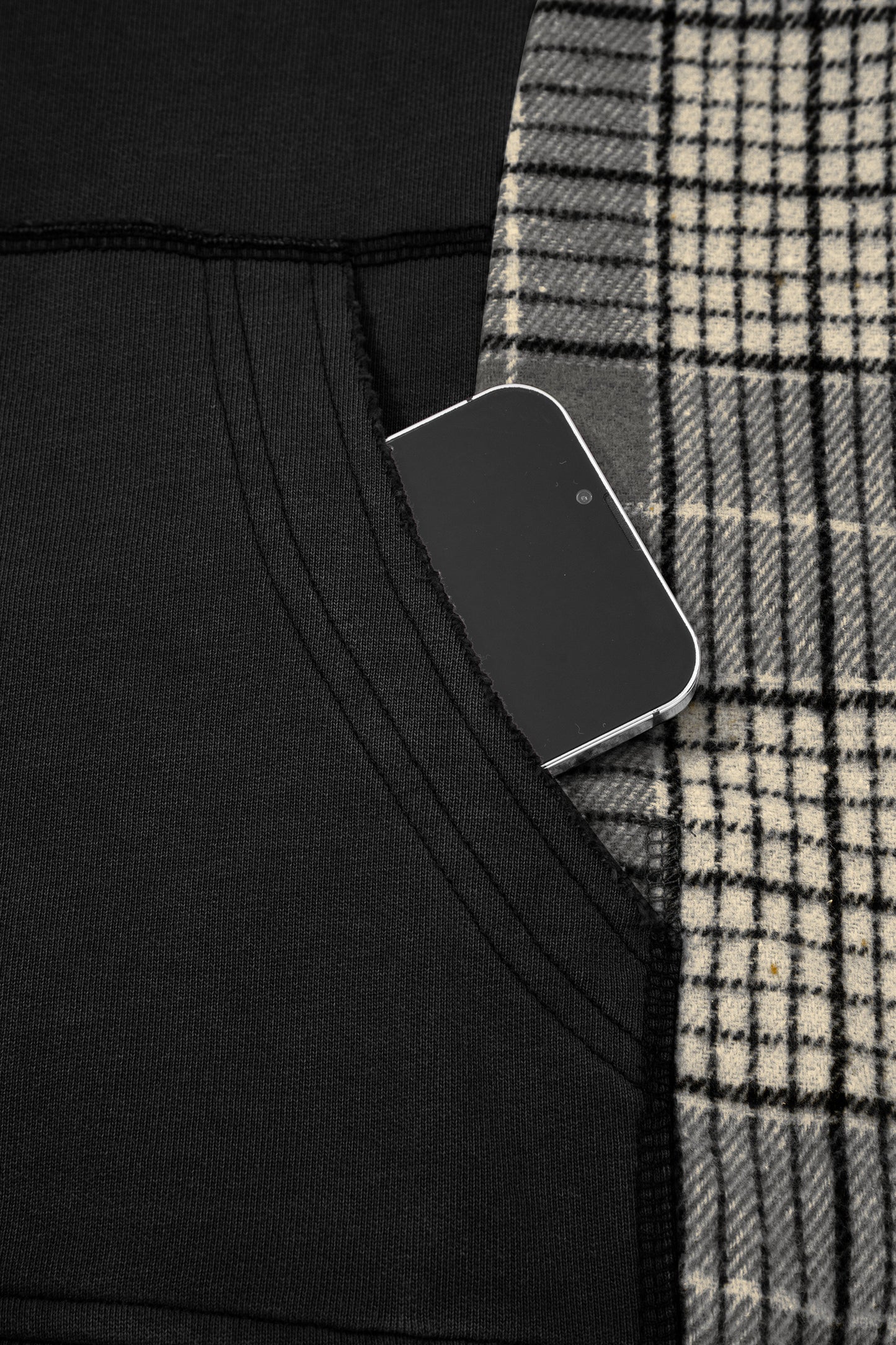 Moss Green Plaid Sleeve Drawstring Pocket Hooded Sweatshirt