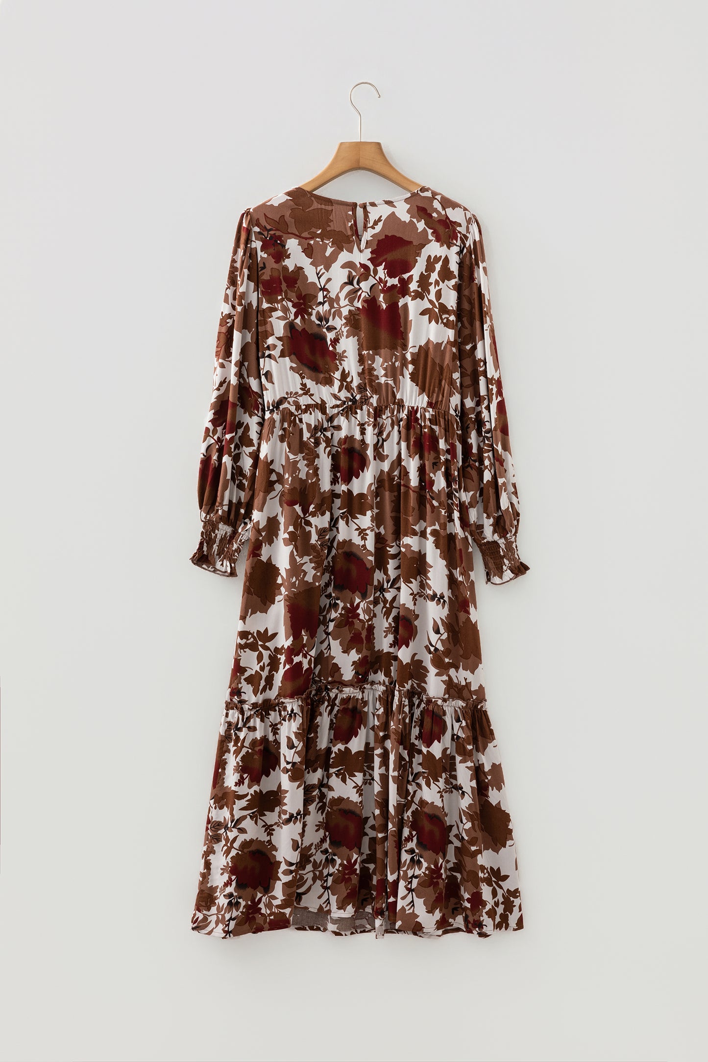 Chestnut Floral Puff Sleeve Smocked Bodice Ruffled Long Dress