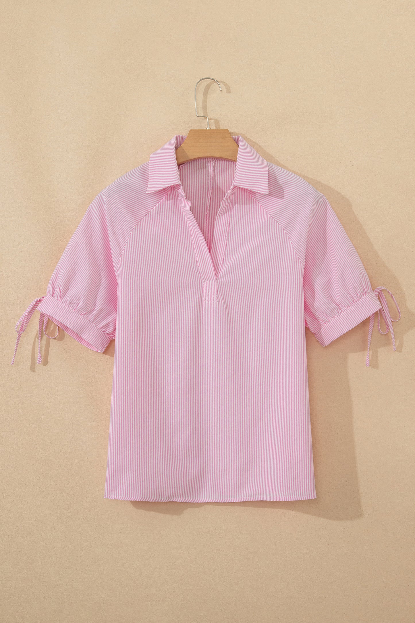 Mint Green Striped V Neck Collared Bubble Sleeve Blouse
