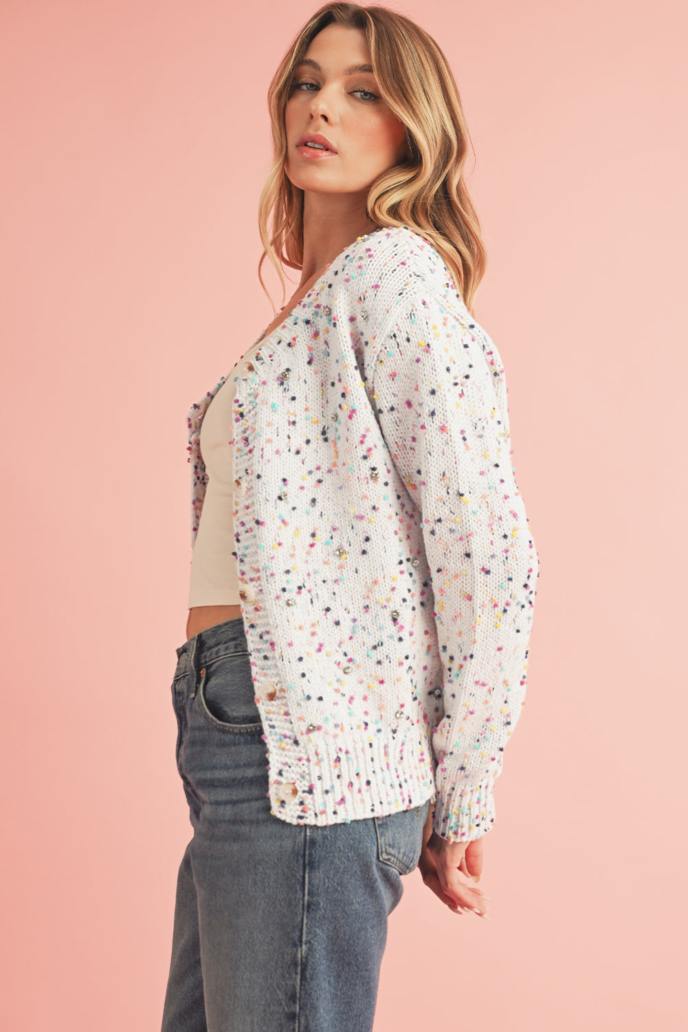 Apricot Confetti Knit Cropped Open Front Cardigan