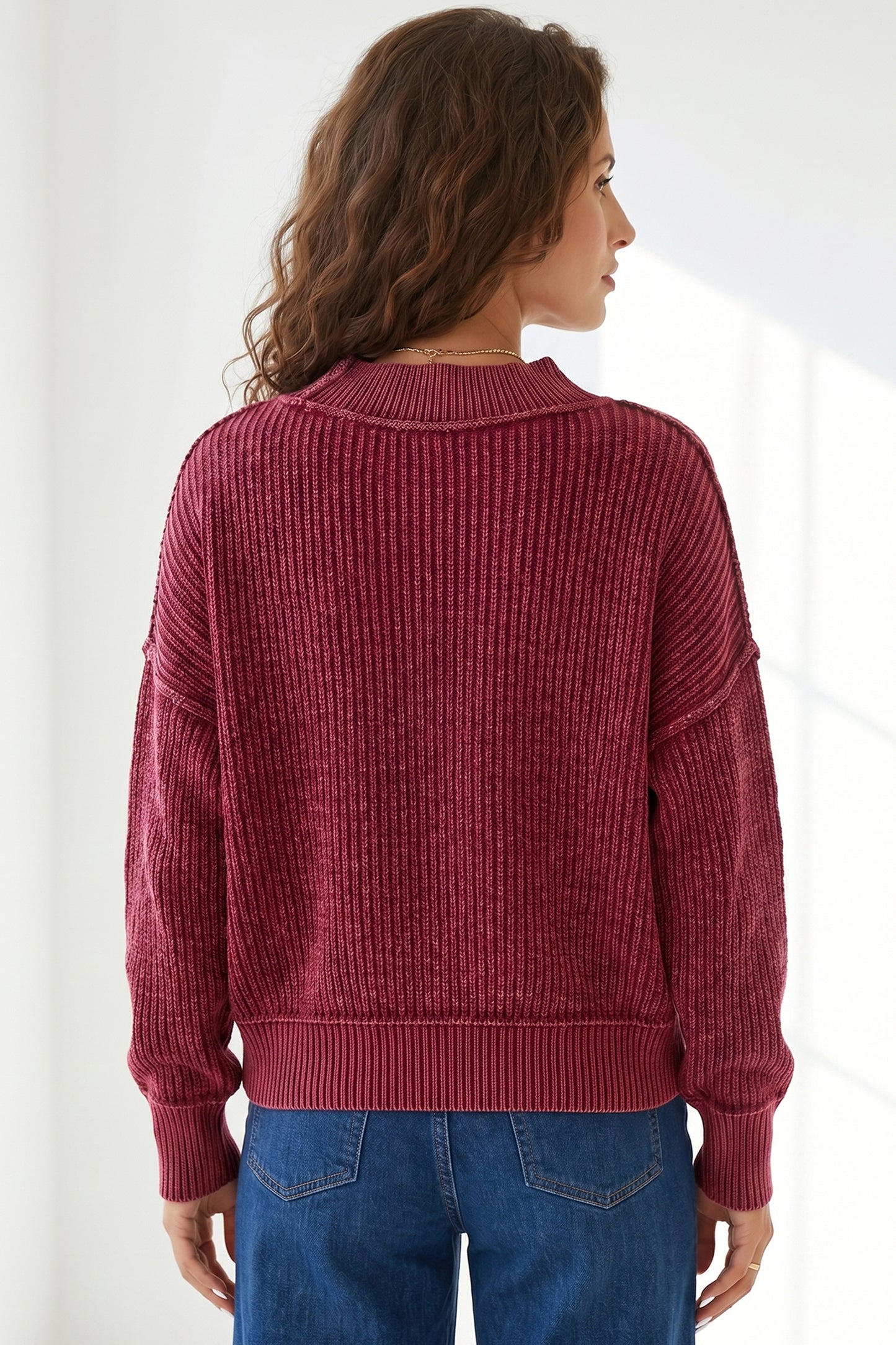 Red Dahlia Drop Shoulder High Neck Ribbed Sweater