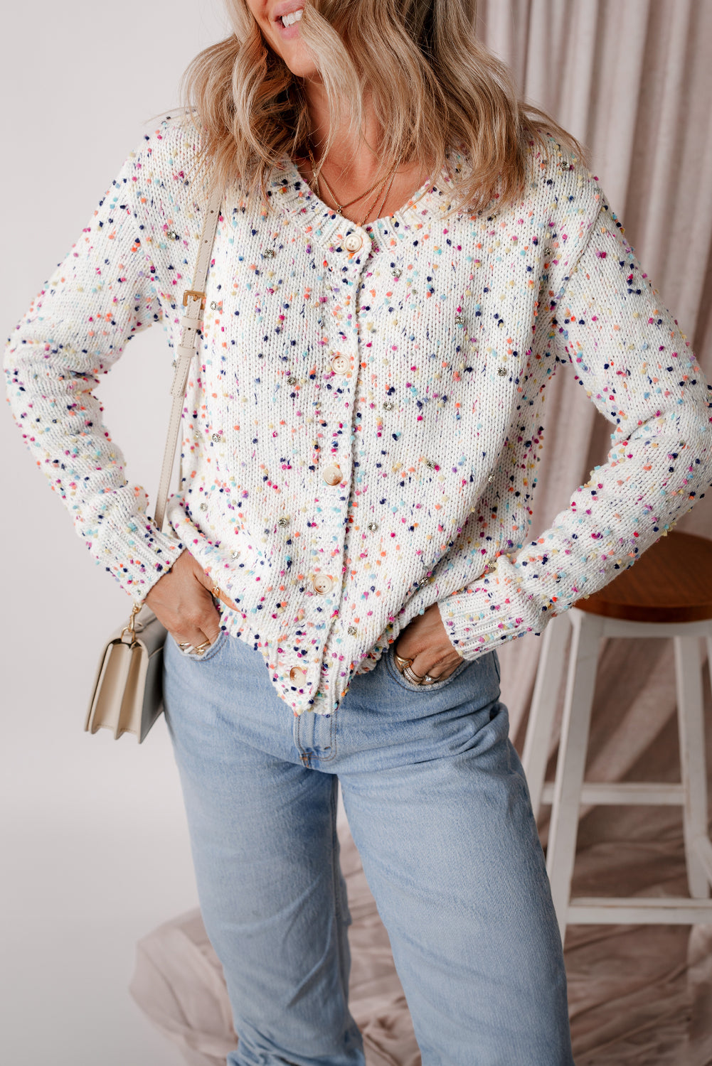 Apricot Confetti Knit Cropped Open Front Cardigan