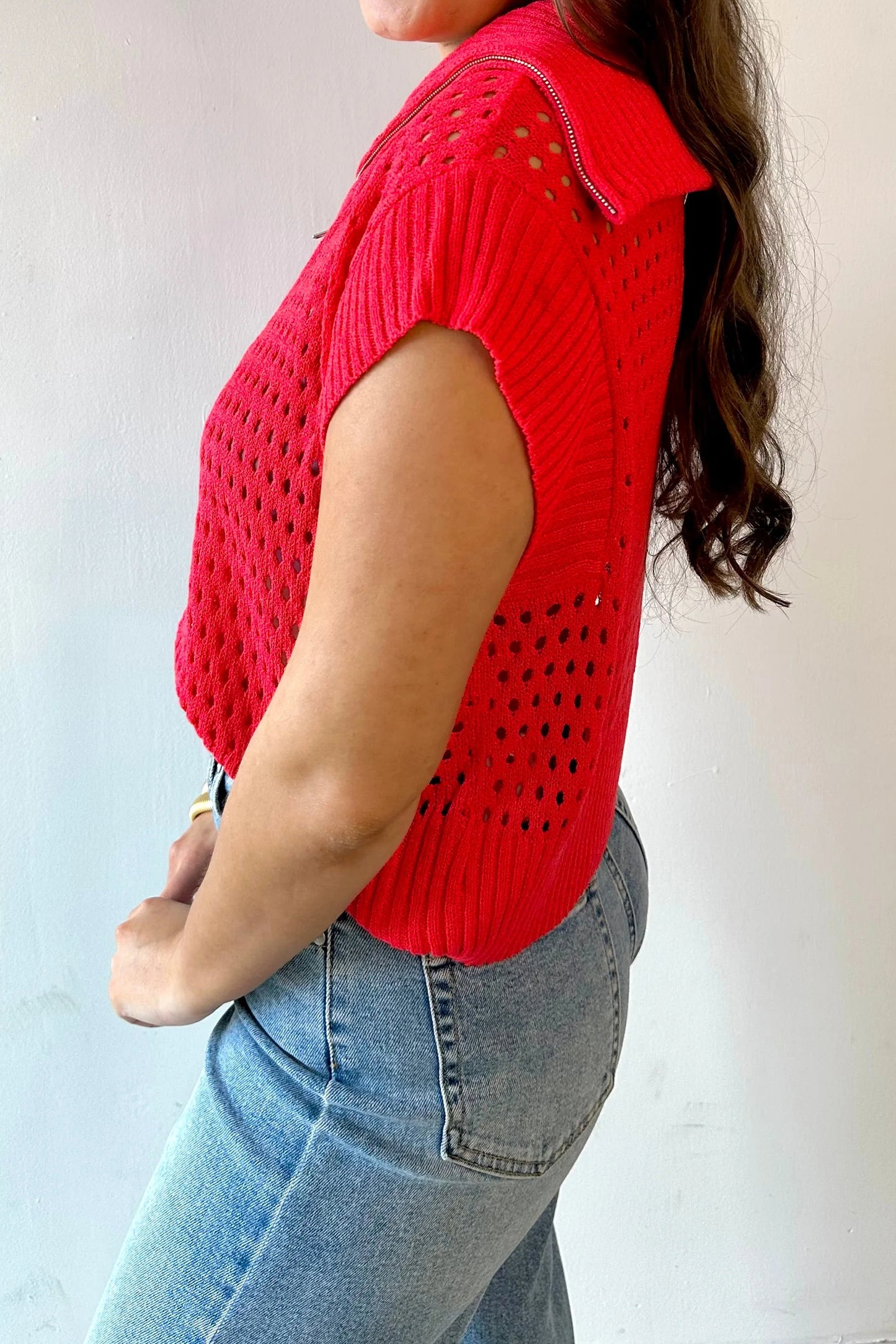 Sky Blue Solid Color Hollowed Knit Short Sleeve Zipper Collar Knitwear Top